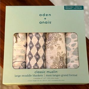 New in box Aden + Anais 4 large muslins in safari print